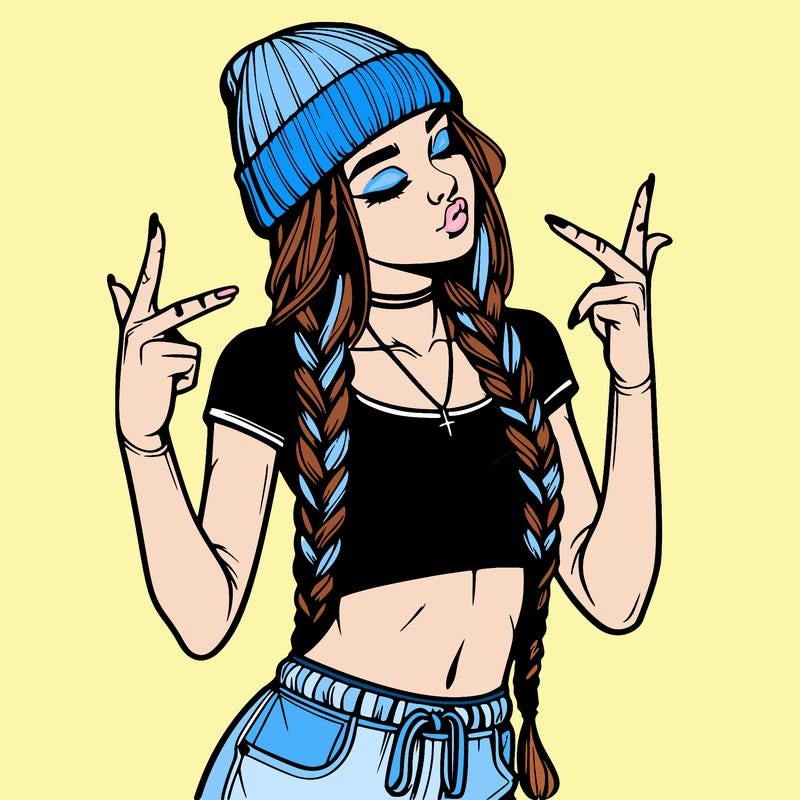realistic teenage girl with braids and a beanie and crop top doing 🫶🏼