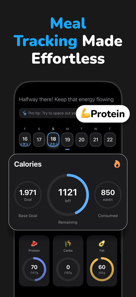 Panel de control de la aplicación CalorIQ mostrando objetivos de calorías diarios y desglose de macronutrientes para proteínas, carbohidratos y grasas
