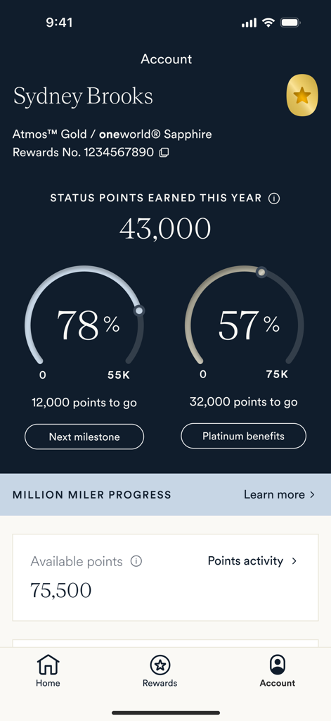 Atmos Rewards account dashboard showing loyalty status points and milestone progress trackers