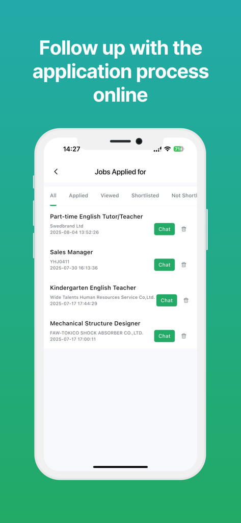 eChinacities - Mobile screen of the eChinacities app showing a list of applied jobs with direct chat options