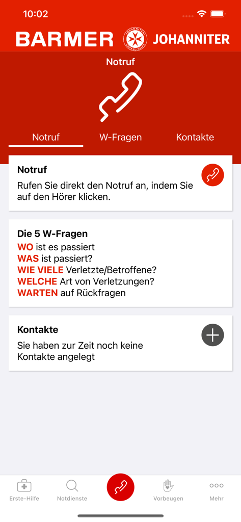 Kindernotfall-App - Tela de chamada de emergência do Kindernotfall-App exibindo o protocolo de 5 perguntas e um botão de chamada direta