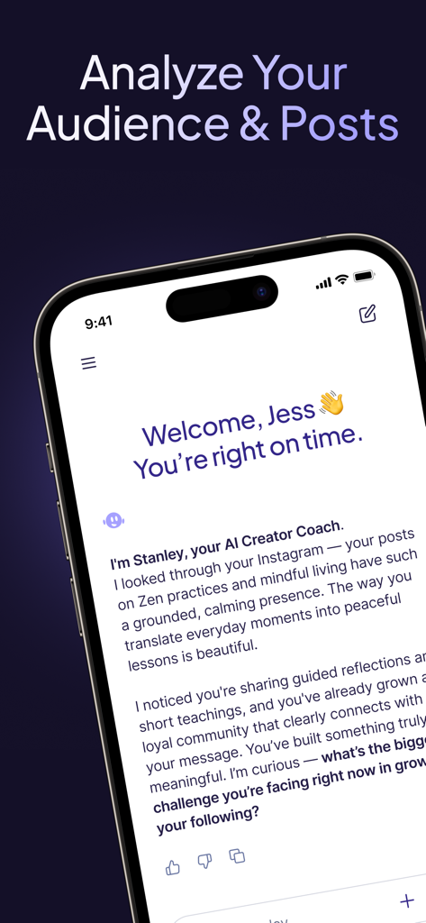 Stanley - Creator Coach for IG - Stanley AI Creator Coach interface showing audience and post analysis