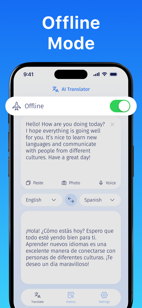 AI Translator: Camera & Voice - Interfaz de la aplicación Traductor IA que muestra el modo sin conexión habilitado para la traducción de texto