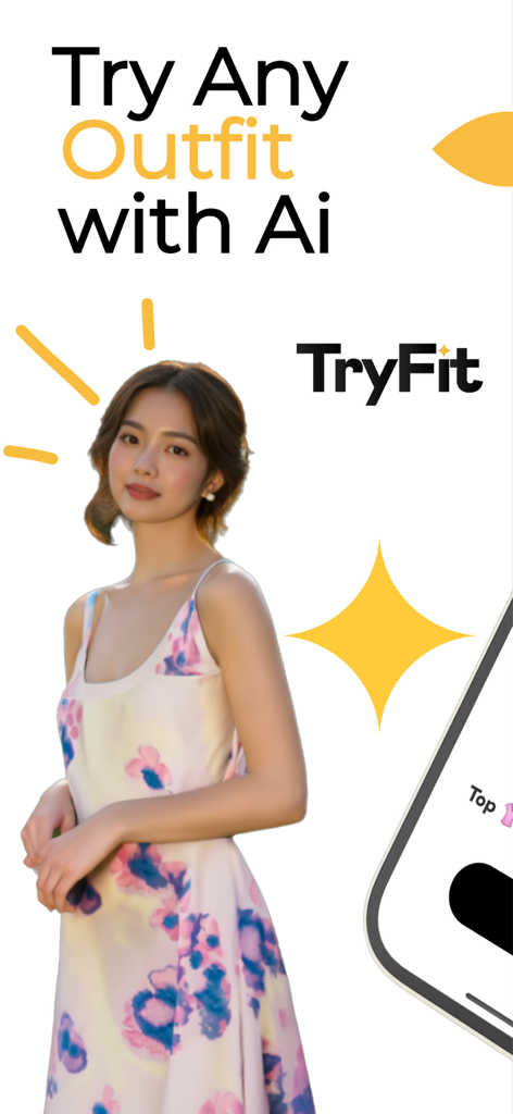 A young woman using the TryFit AI app to virtually try on a floral dress with the headline Try Any Outfit with AI.