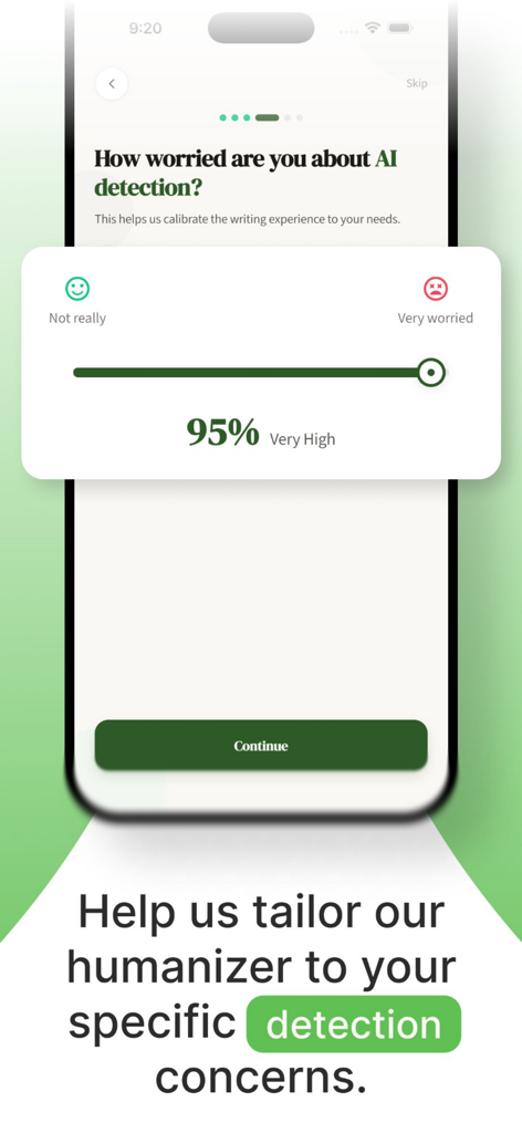 A screenshot of the Undetectable AI app onboarding screen featuring a slider to measure the user concern level about AI detection.