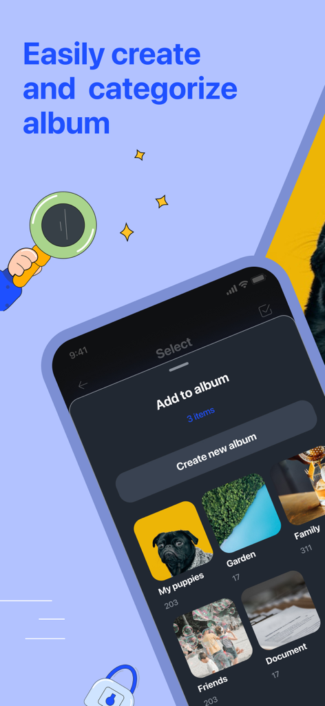 HideU - Caculator Lock - HideU app interface showing categorized photo albums like puppies, garden, and family.