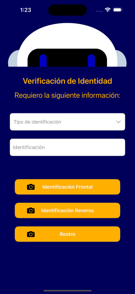 ARi: Finanzas Para Humanos - ARi app screen for identity verification with fields for ID details and buttons to capture photos of the document and face