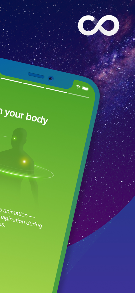 Meditation app screen showing a body scan visualization with a human silhouette