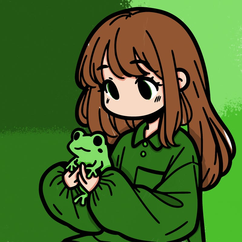 girl with long hair and a oversized shirt. and she is holding a frog