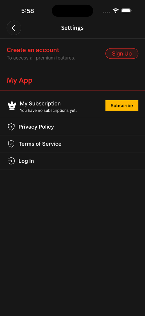 Kantipur Max HD app settings page featuring account sign up and subscription management options