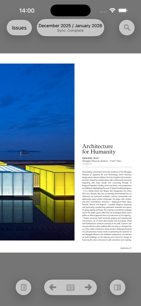 Aesthetica - Aesthetica magazine app interface featuring an article titled Architecture for Humanity about architect Shigeru Ban.
