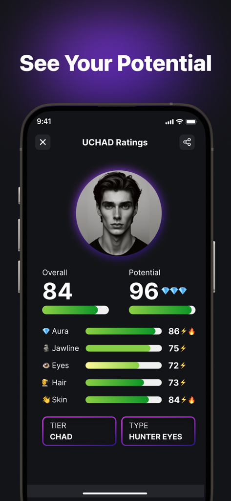 UCHAD - See Your Potential - Interfaz de la aplicación UCHAD que muestra puntuaciones de rasgos faciales y análisis del potencial de atractivo