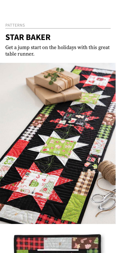 McCall's Quilting Magazine - A festive star patterned quilted table runner next to wrapped gifts