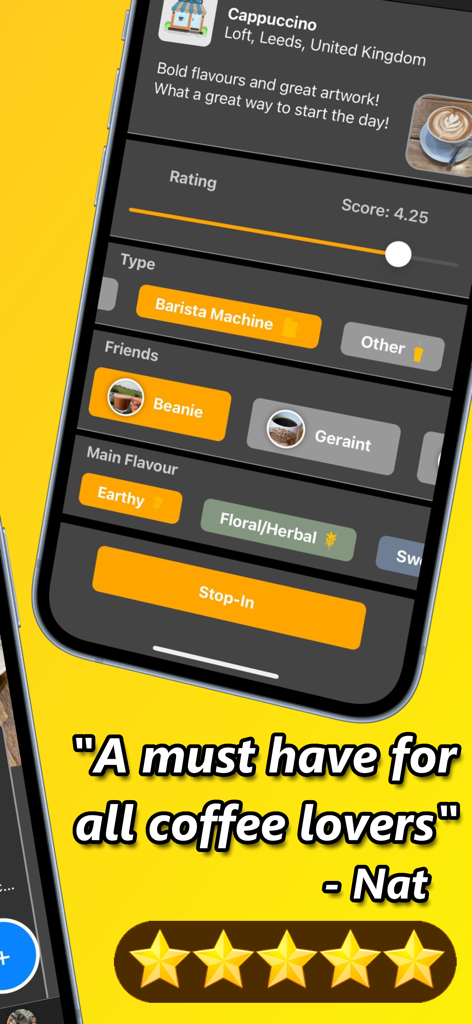 A mobile app screen for Bean Discover Coffee showing a cappuccino review with a four point twenty five rating and earthy flavor notes