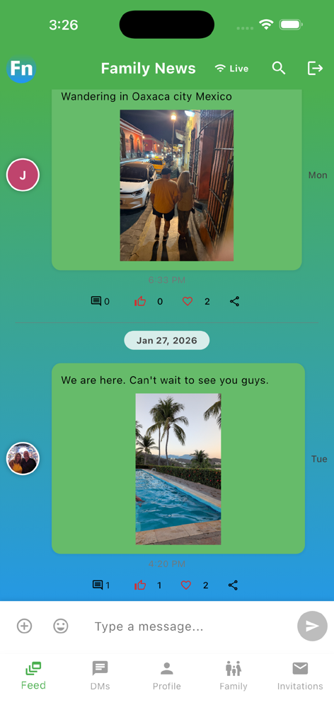 Screenshot of InFamilyNest app showing a private family feed with shared travel photos and messages