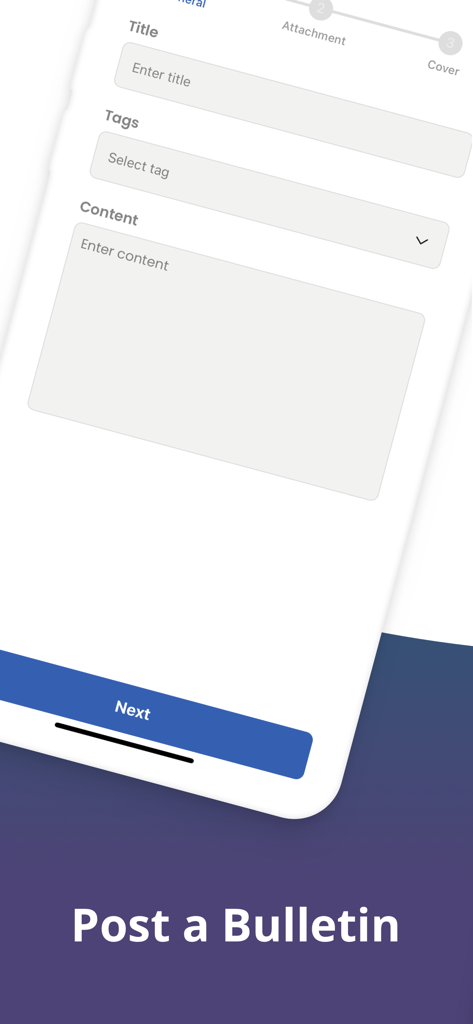 Screen interface of the Veemios app for residents to post a community bulletin with title and content fields