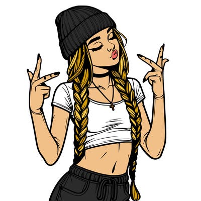 realistic teenage girl with braids and a beanie and crop top doing 🫶🏼