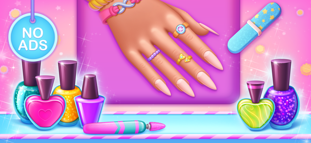 Nail Salon Games For Kids - Salón de uñas digital colorido para niños con vibrantes botellas de esmalte y una insignia de sin anuncios