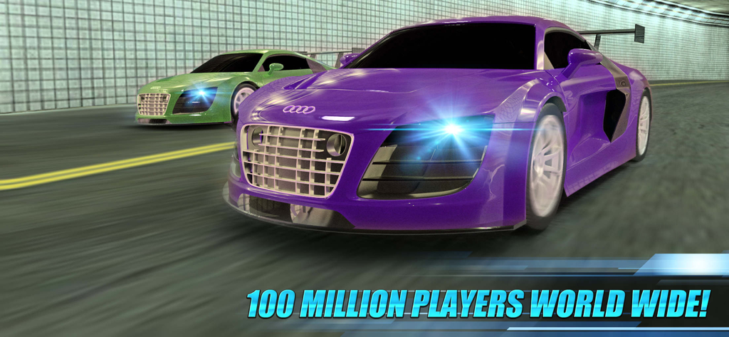 City Racing 3D : Drive Max - Purple and green sports cars racing through a tunnel with a text overlay celebrating 100 million players worldwide.