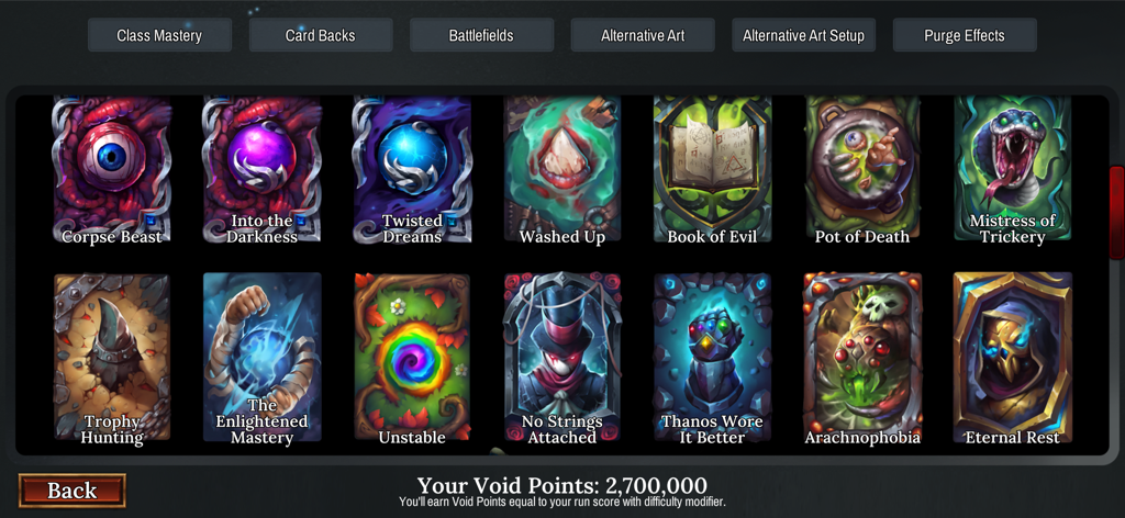 Vault of the Void - Customization gallery showing various unlockable card back designs in Vault of the Void