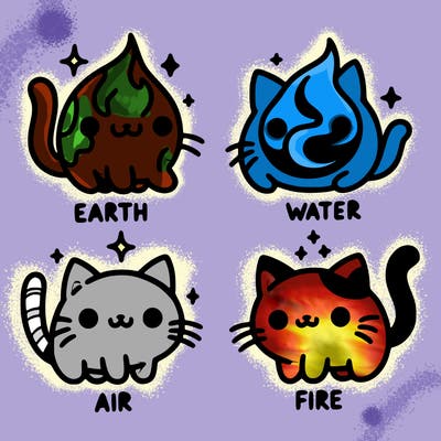 4 cats that represent the different elements, earth, water, air, and fire