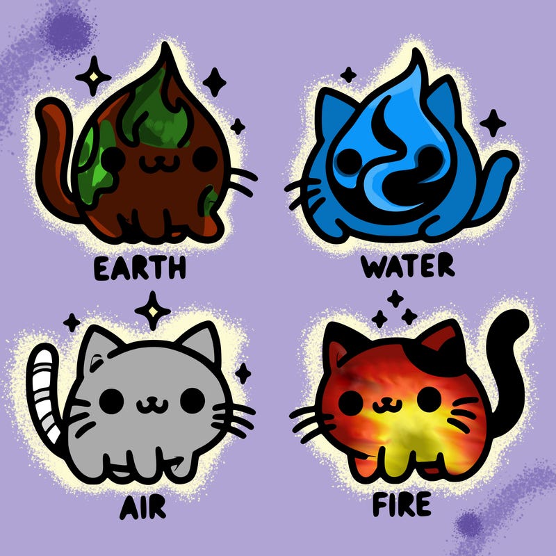 4 cats that represent the different elements, earth, water, air, and fire