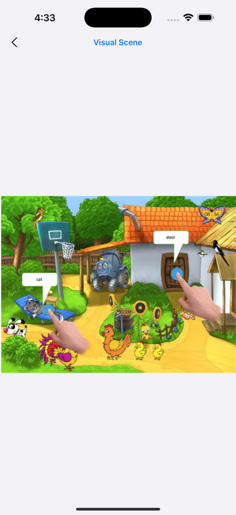 Interaktive Bauernhof-Visuallandschaft in der iMyVoice AAC-App mit Beschriftungen für Katze und Tür