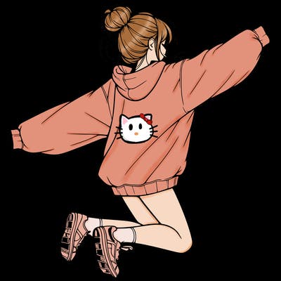realistic girl jumping with a bun and oversized sweatshirt