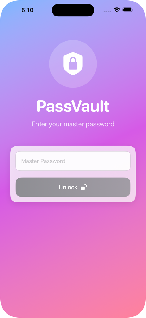 PassVault master password login screen with unlock button