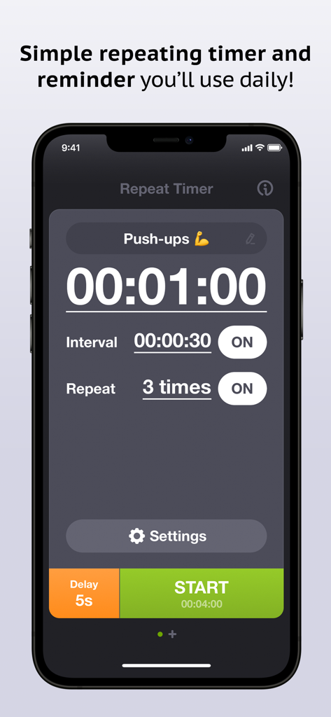 Repeat Timer: Interval Remind - A screenshot of the Repeat Timer app showing a push-up routine with a one-minute timer and interval settings.