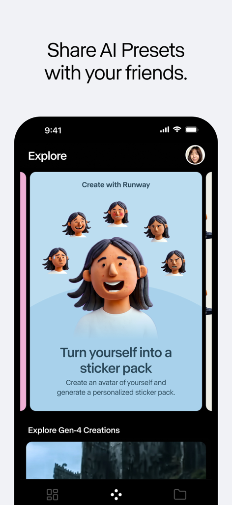 RunwayML - RunwayML app interface displaying a feature to create a personalized AI sticker pack from an avatar.