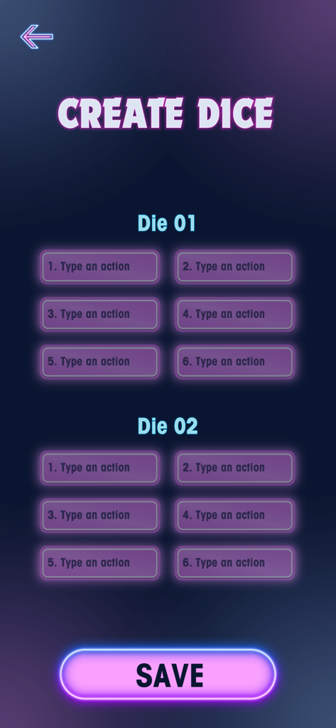 Sex Dice: Explore New Desires - Interfaz de la aplicación Dados Eróticos mostrando opciones para crear y personalizar dos dados con acciones personalizadas.