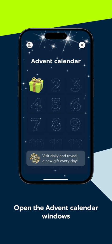 Yettel HU - 毎日のギフト報酬を備えたインタラクティブなアドベントカレンダーを特徴とするYettel HUモバイルアプリ画面