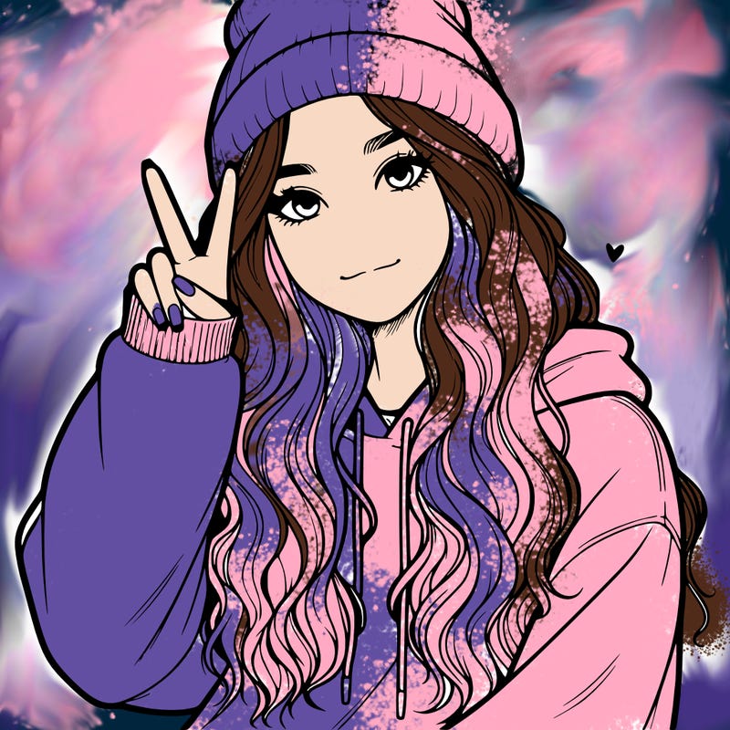 a teenage girl in a beanie, oversized sweatshirt, wavy long hair, and is showing a ✌️