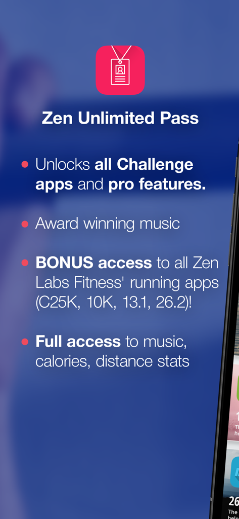 20 Pull Ups Trainer Challenge - Zen Unlimited Passの特典を詳細に説明する画面。すべてのチャレンジアプリとプロ機能へのアクセスを含む