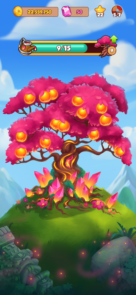 A vibrant pink magic tree with glowing orange fruit and pink crystals on a grassy hill in Coin Master Board Adventure.
