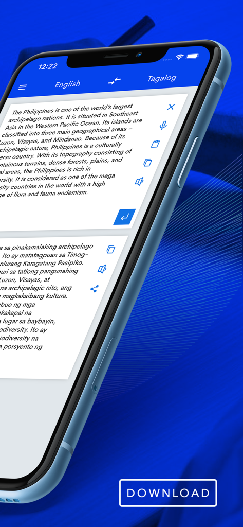 Tagalog to English translator app interface on a mobile phone showing translated text
