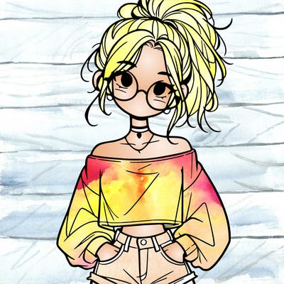 girl with a messy ponytail glasses a baggy crop top and jean shorts