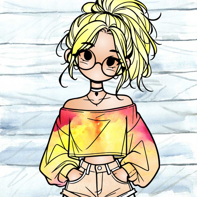 girl with a messy ponytail glasses a baggy crop top and jean shorts