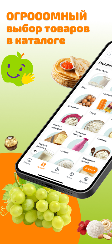 Screenshot of the Dixy mobile app displaying a grocery catalog with various food items like eggs, dairy, and fresh grapes.