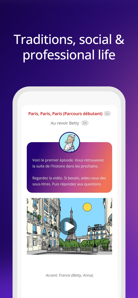 Gymglish: Learn a language - Gymglish App-Oberfläche, die eine Sprachlektion über Traditionen und das soziale Leben mit einem Video von Paris anzeigt