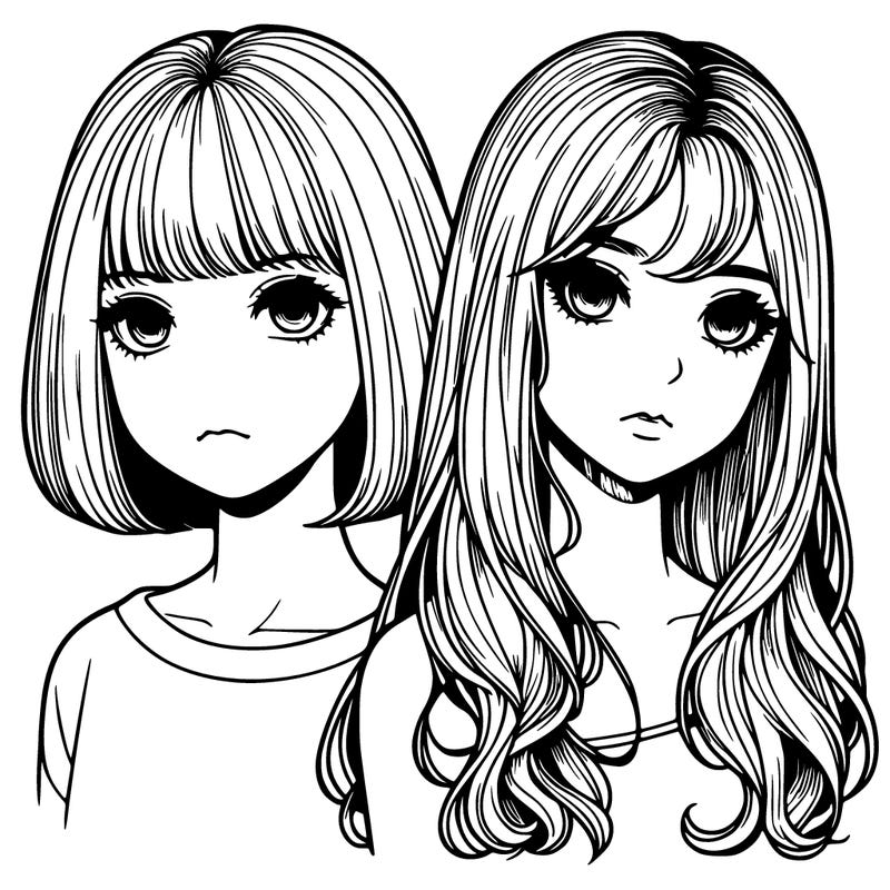 realistic two girls one with a bob and bangs and the other with long hair