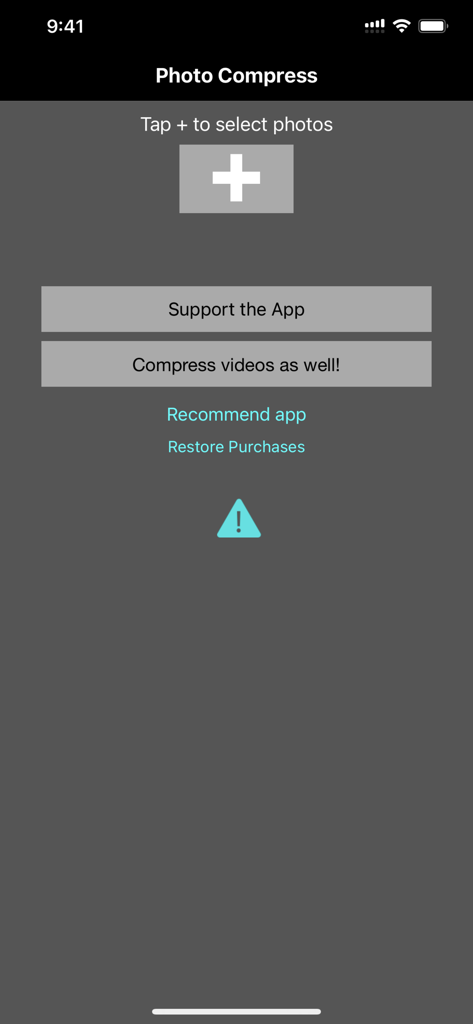 写真圧縮アプリのメインインターフェイス。写真を縮小してストレージを節約するためのボタンが表示されています