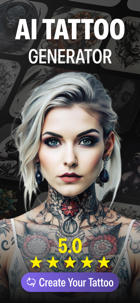 AI Tattoo Design Generator ㅤ - AI Tattoo Generator app home screen showing a tattooed woman with a five star rating and a create your tattoo button