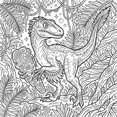 Dive into a prehistoric adventure with this intricate Velociraptor coloring page, where a smart dinosaur holds a mysterious ancient artifact. This detailed scene invites colorists to explore the wonders of the dense jungle and the enigma of ancient intelligence.