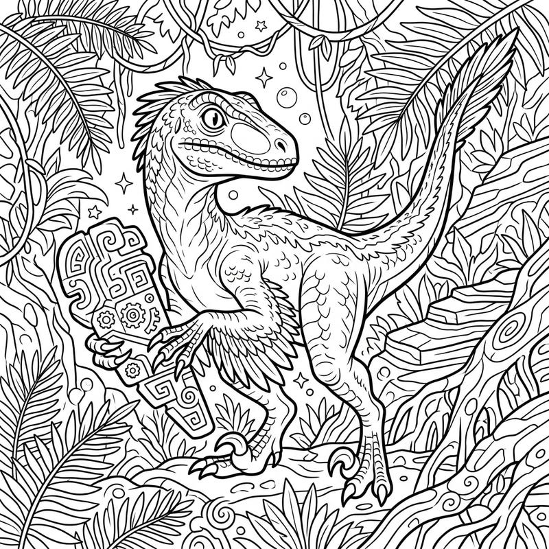 Dive into a prehistoric adventure with this intricate Velociraptor coloring page, where a smart dinosaur holds a mysterious ancient artifact. This detailed scene invites colorists to explore the wonders of the dense jungle and the enigma of ancient intelligence.