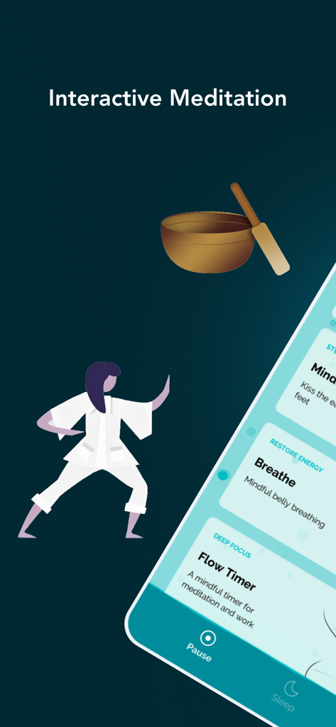 Pause: daily mindfulness - Interface of the Pause app showing interactive meditation features like breathe exercises and flow timer