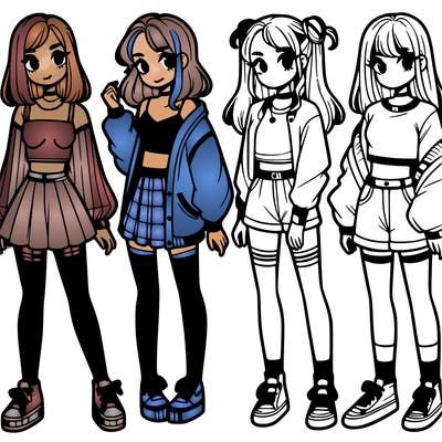 one girl with crop-top shirt and a jacket with a skirt, long socks and another girl with a shirt and pants with a jacket