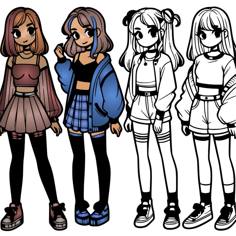 one girl with crop-top shirt and a jacket with a skirt, long socks and another girl with a shirt and pants with a jacket