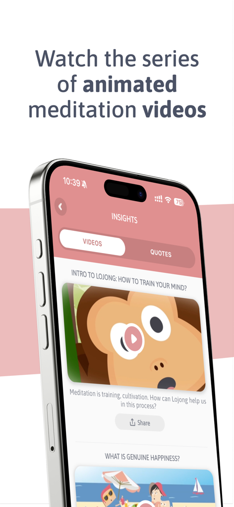 Interface do app Lojong mostrando uma série de vídeos de meditação animados para treinamento mental e inteligência emocional.